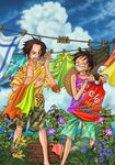  2boys camouflage clothes_line clothes_pin east_blue freckles laundry male male_focus monkey_d_luffy multiple_boys natsuki_(natuki18902) one_piece portgas_d_ace short_hair wavy_hair younger 