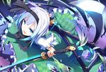  black_hairband blue_eyes checkered flower hair_ribbon hairband ichiyan katana konpaku_youmu open_mouth ribbon sheath short_hair short_sleeves silver_hair skirt solo sword touhou weapon 