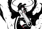  arm_cannon black_hair black_wings bow evil_grin evil_smile feathers greyscale grin hair_bow long_hair monochrome red_eyes reiuji_utsuho shiba_yuuki skirt smile solo spot_color thighhighs third_eye touhou weapon wings zettai_ryouiki 