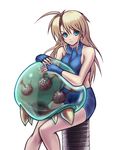  ahoge bare_shoulders blonde_hair blue_eyes breasts crop_top fingerless_gloves fusion_suit gloves highres huge_ahoge hybridmink long_hair medium_breasts metroid metroid_(creature) metroid_fusion samus_aran shorts sitting 