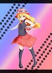  1girl absurdres bare_shoulders blonde_hair blue_background blush boots breasts brown_eyes earrings female_protagonist_(pokemon_xy) goggles gradient gradient_background hat highres holding holding_poke_ball jewelry long_hair necktie open_mouth pink_background poke_ball pokemon pokemon_(game) pokemon_xy purple_background serena_(pokemon) skirt small_breasts solo standing ume444 