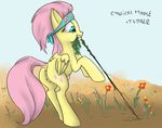  bandanna cutie_mark cynicalmoose equine female feral flower fluttershy_(mlp) friendship_is_magic fur green_eyes hair horse mammal my_little_pony pegasus pink_hair pony pulling pussy roots wings yellow_fur 