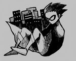  1boy aki_(0_deeeen) cape cartoon_network city dc_comics dick_grayson domino_mask male male_focus mask monochrome robin_(dc) solo teen_titans 