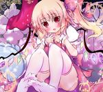  blonde_hair blush flandre_scarlet hair_ribbon highres nagii_yuki no_hat no_headwear open_mouth pillow ribbon side_ponytail solo thighhighs touhou white_legwear wings wrist_cuffs 