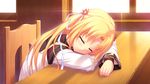  1girl blonde_hair blush chair eyes_closed female flower game_cg hair_ornament highres light long_hair mel_carlyle ribbon room ryuuyoku_no_melodia sitting sleeping solo table tenmaso whirlpool_(studio) window 