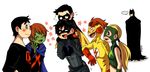  2girls 5boys alien artemis_crock batman black_hair blonde_hair brother brothers bruce_wayne cape carry carrying cowl dc_comics dick_grayson domino_mask family father green_skin kid_flash mask miss_martian multiple_boys multiple_girls nightwing orange_hair red_hair robin_(dc) s_shield shoulder_perch siblings silverly smile superboy superhero tim_drake wally_west young_justice:_invasion 