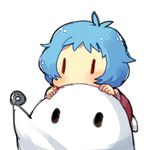  1girl aano_(10bit) ahoge ayanami_rei blue_hair chibi coin ghost_costume lowres nagisa_kaworu neon_genesis_evangelion on_head petit_eva:_evangelion@school short_hair 