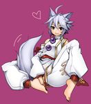  1boy ahoge animal_ears barefoot brown_eyes detached_sleeves grin hakumen_no_sai heart japanese_clothes kazutani_ninshi male male_focus pink_background shinrabansho shinrabanshou short_hair simple_background sitting smile solo tail wadani_hitonori white_hair wolf_ears wolf_tail 