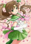  back_bow bishoujo_senshi_sailor_moon boots bow brown_hair choker collaboration_request colorized earrings elbow_gloves flower gloves green_choker green_eyes green_footwear green_sailor_collar green_skirt hair_ornament jewelry kino_makoto kinoto_(moc) long_hair magical_girl petals pink_bow ponytail rose sailor_collar sailor_jupiter sailor_senshi_uniform skirt smile solo tiara traditional_media watercolor_(medium) white_gloves 