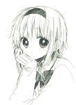  1girl anzu_(o6v6o) bangs bow bowtie cardigan chin_rest expressionless greyscale gumi hairband long_sleeves looking_at_viewer monochrome school_uniform short_hair_with_long_locks simple_background sketch sleeves_past_wrists solo upper_body vocaloid white_background 