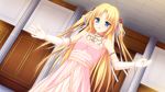  1girl blonde_hair blue_eyes blush collarbone dress female flower game_cg gloves hair_ornament highres long_hair mel_carlyle open_mouth ribbon room ryuuyoku_no_melodia solo tenmaso twintails whirlpool_(studio) white_gloves 