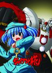  bad_id bad_pixiv_id blue_eyes blue_hair giant_robo_(mecha) girou hair_bobbles hair_ornament hat inubashiri_momiji kawashiro_nitori key mecha multiple_persona open_mouth parody pom_poms punching touhou two_side_up 