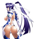  areolae armor ass back bangs blue_eyes blue_hair bodysuit breasts cowboy_shot emblem from_behind gloves hair_intakes hair_ribbon high_ponytail highres large_breasts long_hair looking_at_viewer looking_back mitsurugi_meiya muvluv muvluv_alternative nobusi pilot_suit ponytail ribbon see-through sheer_bodysuit simple_background solo very_long_hair white_background white_bodysuit 