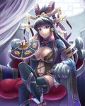  black_legwear blue_eyes boots breasts cleavage crossed_legs fan fingernails fur_trim hair_ornament hair_tubes headdress lady_xie large_breasts long_hair navel original parted_lips ribbon sangokushi_taisen sidelocks sitting solo tak_(takumi_fortitude) tassel thighhighs throne 