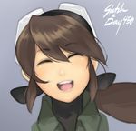  ^_^ borrowed_character bow brown_hair closed_eyes eu03 face goggles goggles_on_head hair_bow happy long_hair original plume_(junkpuyo) ponytail smile solo 