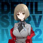  bow bowtie breasts brown_eyes brown_hair coat copyright_name devil_survivor_2 impossible_clothes impossible_shirt jacket large_breasts mami_(apsaras) megami_ibunroku_devil_survivor nitta_io open_clothes open_jacket shirt short_hair smile solo striped 