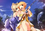  blonde_hair breast_grab breasts copyright_request fish fishing_rod grabbing green_eyes highres long_hair medium_breasts multiple_girls one_eye_closed open_mouth pointy_ears smile thighs windforcelan yuri 