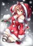  animal_ears bell brown_hair cat_ears cat_tail chabaneko green_eyes hair_ornament hairpin hat headphones highres kneeling original ribbon sack santa_costume santa_hat snowing striped striped_legwear tail tail_bell tail_ribbon thighhighs treble_clef treble_clef_hair_ornament yonari_phone_neon 