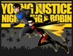  2boys batman_(series) belt black_hair brothers cape character_name copyright_name dc_comics dick_grayson domino_mask escrima_stick family ginkun gloves highres jumping male male_focus mask multiple_boys nightwing pixiv_manga_sample resized robin_(dc) siblings silverly sitck smile staff tim_drake title_drop utility_belt weapon young_justice:_invasion 