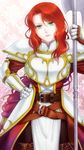  armor axe belt braid fire_emblem fire_emblem:_akatsuki_no_megami fire_emblem:_souen_no_kiseki gauntlets green_eyes hand_on_hip kinoeneko lipstick long_hair makeup polearm red_hair single_braid smile solo tiamat_(fire_emblem) very_long_hair weapon 