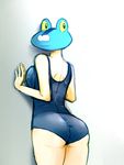  1girl against_wall back bare_legs froakie kikori looking_back one-piece_swimsuit pokemon pokemon_(game) pokemon_xy solo startostar swimsuit what yellow_sclera 