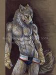  abs annoying_watermark anthro bandage biceps briefs bulge canine caribou_(artist) clothed clothing fur gloves grey_fur half-dressed looking_at_viewer male mammal muscles pecs pose sara_palmer solo standing suggestive toned topless underwear undressing watermark wolf yellow_eyes 