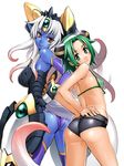  ass back bare_shoulders belt bikini bikini_top blue_skin blush green_eyes green_hair hands_on_hips highres hyourin_no_mahiro lips long_hair looking_at_viewer looking_back monster_girl multicolored_hair multiple_girls pointy_ears sasayuki seisougetsu shinrabanshou short_hair short_shorts shorts smile striped striped_bikini striped_swimsuit swimsuit tail white_background 