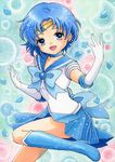  back_bow bishoujo_senshi_sailor_moon blue_choker blue_eyes blue_flower blue_footwear blue_hair blue_rose blue_sailor_collar blue_skirt boots bow bubble choker collaboration_request colorized earrings elbow_gloves flower gloves hair_ornament jewelry kinoto_(moc) knee_boots magical_girl mizuno_ami open_mouth petals rose sailor_collar sailor_mercury sailor_senshi_uniform short_hair skirt smile solo tiara traditional_media watercolor_(medium) white_gloves 
