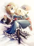  alice_margatroid apron blonde_hair blue_dress blue_eyes book bow capelet dress ears fetal_position full_body hair_bow headband highres kaede_(mmkeyy) lying no_shoes on_bed on_side pantyhose plantar_flexion sash shanghai_doll short_hair sleeves_past_wrists solo touhou 
