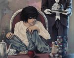  apple bags_under_eyes barefoot black_hair chair death_note food formal fruit gloves jenga l_(death_note) long_sleeves love1an male_focus mouth_hold multiple_boys nina_matsumoto sitting solo_focus suit teapot tray 