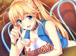  1girl anna_belmonte blonde_hair blue_eyes blush bracelet breasts collar collarbone female food huge_breasts jewelry long_hair marushin_(denwa0214) open_mouth ponytail sitting solo supokon!_sports_wear_complex 