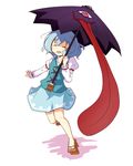  bare_legs blue_hair closed_eyes geta karakasa_obake long_sleeves messy_hair open_mouth purple_umbrella short_hair simple_background skirt solo tatara_kogasa tongue touhou umbrella usagi_mochi white_background 