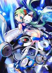  absurdres animal_ears ass blue_eyes bodysuit cat_tail detached_sleeves fake_animal_ears green_hair headset hello_kitty hello_kitty_to_issho! highres leaning_forward phonograph speaker tail thighhighs turntable white_legwear zeco 