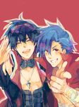  arm_around_shoulder blue_hair closed_eyes grin kamina kuroemon male_focus multiple_boys pointing red_eyes salute shirtless simon smile tengen_toppa_gurren_lagann 