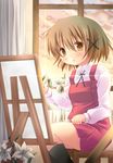  black_legwear blush brown_eyes brown_hair canvas_(object) curtains easel flower hair_ornament hairclip hidamari_sketch highres kneehighs lily_(flower) open_mouth painting school_uniform short_hair sitting solo sun window x_hair_ornament yuno yuzuki_sora 