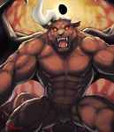  abs angry anthro berserk biceps big_muscles black_nose broken_horn brown_fur collaboration demon demon_wings eclipse fangs fire front fur hair horn looking_at_viewer male muscles navel nude null-ghost open_mouth pecs pose pubes rawr red_eyes solo spread_legs spread_wings spreading standing teeth tongue wings zodd 