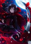  black_hair cloak crescent_rose drugstore04 full_moon hood hooded_cloak moon night pantyhose petals rose_petals ruby_rose rwby scythe short_hair snow solo weapon 