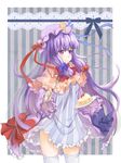  bad_id bad_pixiv_id blush bow breasts cake capelet crescent dish dress food fork fruit hair_bow hat highres long_hair medium_breasts patchouli_knowledge purple_eyes purple_hair ribbon smile solo strawberry thighhighs touhou transistor white_legwear 