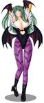  absurdres arms_up bat_wings blush boots breasts cleavage demon_girl elbow_gloves full_body gloves green_eyes green_hair highres large_breasts leotard long_hair morrigan_aensland open_mouth pantyhose print_legwear seraphina shadow solo succubus tears vampire_(game) white_background wings 