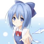  blue_eyes blue_hair blush bow cirno hair_bow hands outstretched_hand saku_(kudrove) short_hair solo touhou upper_body wings 