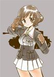  akiyama_yukari bangs blue_jacket blush brown_eyes brown_gloves brown_hair cowboy_shot girls_und_panzer gloves green_shirt jacket long_sleeves looking_at_viewer messy_hair military military_uniform miniskirt ooarai_military_uniform pleated_skirt salute shirt short_hair skirt smile solo uniform white_skirt yamaishi_yutaka 