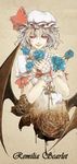  bat_wings blue_flower blue_rose bow character_name doming fangs flower grin hat hat_bow highres portrait red_eyes remilia_scarlet rose short_hair silver_hair smile solo touhou upper_body wings wrist_cuffs 