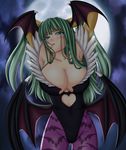  armpits arms_up bat_wings blush breasts cleavage demon_girl elbow_gloves gloves green_eyes green_hair head_wings highres large_breasts leotard long_hair moon morrigan_aensland open_mouth pantyhose print_legwear seraphina solo succubus tears vampire_(game) wings 