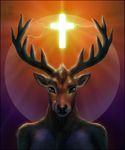  black_nose brown_fur brown_hair cervine clothed clothing cross deer fur hair half-dressed horn j&#228;germeister looking_at_viewer male mammal smile solo tongue topless zen 