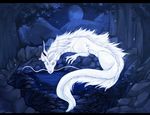  black_nose blue_eyes chinese_dragon claws dragon feral hair horn looking_at_viewer moon nature night nude ookami-kun outside scenery smile solo tree white_hair white_skin 