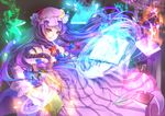  aoi_(kirabosi105) bad_id bad_pixiv_id bare_shoulders book crescent detached_sleeves dress hat long_hair magic_circle patchouli_knowledge purple_eyes purple_hair ribbon smile solo touhou 