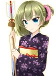  arrow blue_eyes bococho ema green_hair grin hair_up hamaya heterochromia idolmaster idolmaster_cinderella_girls japanese_clothes kimono mole mole_under_eye parted_lips scrunchie smile solo takagaki_kaede 