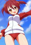  9law ahoge brown_eyes buruma cloud day isshiki_akane jacket looking_at_viewer open_mouth red_hair short_hair sky solo track_jacket twintails vividred_operation 