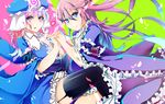  confused dual_persona frills garter_straps heart holding_hands japanese_clothes long_hair magumo multiple_girls saden_(magumo) saigyouji_yuyuko saigyouji_yuyuko_(living) short_hair thighs touhou triangular_headpiece wide_sleeves 
