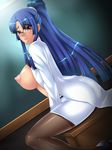  1girl areolae ass blue_hair blush breasts chalkboard classroom dutch_angle glasses high_ponytail indoors lab_coat labcoat large_breasts legs long_hair looking_at_viewer nipples ponytail puffy_nipples r-wade red_eyes sitting solo taimanin_asagi taimanin_asagi_3 teacher thighs yatsu_murasaki 